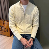 Autumn Retro Men's Zipper Cardigan Jacket Trending Jacquard Solid Color Long Sleeve Sweater Coats Premium Quality Knit Outerwear