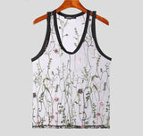 Men Tank Tops Mesh Embroidery O-neck Sleeveless Summer Male Vests Transparent Streetwear Fashion Men Clothing S-5XL