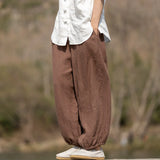 Chinese Style Men Casual Pants Men Linen Low Crotch Harlan Wide Leg Pants Male Lantern Pants Streetwear Hiphop Trousers