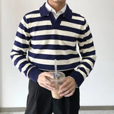 American Chic Striped Men Polo Sweater Luxury Trendy Business V Neck Knit Solid Color Pullover Leisure Slim Long Sleeve Knitwear