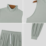 Men Sets Solid Color Streetwear Turtleneck Sleeveless Tank Tops & Drawstring Pants 2PCS Fashion Men's Casual Suits