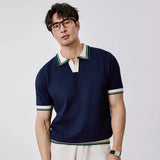 New Japanese Trendy Men Polo Shirt Light Luxury Slim-fit V Neck T-shirt Leisure Patchwork Short Sleeve Tops Retro Knitwear M-3XL
