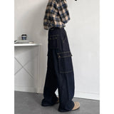 Harajuku Vintage Dark Blue Cargo Pants Jeans men Multi-pockets Male Loose Straight Denim Pants Four Seasons Trousers Streetwear