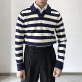 American Chic Striped Men Polo Sweater Luxury Trendy Business V Neck Knit Solid Color Pullover Leisure Slim Long Sleeve Knitwear