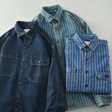 Heavy vintage washed vertical stripe denim shirt men's loose size cotton long sleeve shirt jacket