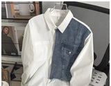 Japanese High-end Denim Jacket Spliced Long-sleeved Shirt Men's Niche Design Sense High Street Couple Loose Casual White Shirt