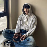 Men's Knitted Hooded Cardigan Casual Retro Graphics Print Long Sleeve Sweater Coats Light Luxury Chic Hollow Out Hoodies M-3XL