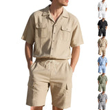 New Men's Suit Short Sleeve Shorts Two-Piece Set Summer Solid Color Multi-Pocket Workwear Style Sports Casual Loose Shirt Set