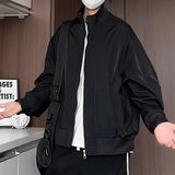 Black Mens Stand Collar Loose Fit Outdoor Spring Biker Jacket Casual Windbreaker Motorcycle Streetwear Trendy Daily Wear Coat