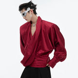 Spring Oversized Men Shirt Long Sleeve Elegant Luxury V-neck Design Liquid Texture Clothes Patchwork Male Top