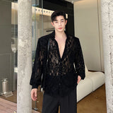 Black Transparent Gauze Shirt Men Handsome Fashion Casual Streetwear Loose Long Sleeve Turn-down Collar Blouse Men's Clothing
