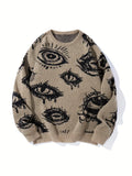 New American Trendy Men Sweater High Street Dark Eyes Printed Knit O Neck Long Sleeve Pullover Casual Loose High Street Knitwear