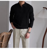 Men's American Retro Polo Sweater Luxury Trendy Business V Neck Knit Solid Color Pullover Leisure Slim-fit Long Sleeve Knitwear