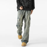 Mens Loose Fit Straight Wide Leg Cargo Jeans outdoor Multi Pocket Patchwork Denim Pants Trending Streetwear Utility Style