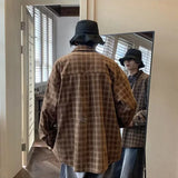 Autumn Plaid Corduroy Men Shirts New Y2K Streetwear Workwear Blouses Retro Long Sleeve Cargo Shirt Loose Casual Tops