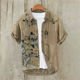 Linen Cotton Printed Shirt, Short Sleeved Lapel, Single Breasted Hawaiian Vacation Shirt, Cherry Blossom Retro Art