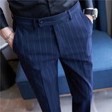 Men's Striped Suit Pants Elastic Autumn New Social Casual Trousers Slim Fit Suit Pants Business Office Wedding Men Clothing