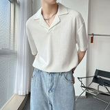 American Solid Color Cuban Collar T-shirt Short Sleeve Mens Niche Design  New Summer Lapel Loose Waffle T Shirts for Men