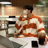 New Fashion Striped Men Polo Sweater Light Luxury Korean Popular Knitwear Premium Quality Long Sleeve Pullover Trendy Streetwear