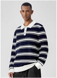 New American Trendy Men Polo Neck Sweater Light Luxury Striped Knit Long Sleeve Pullover Tops High Quality Loose Knitwear M-3XL