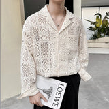 New Chic Men Hollow Out Cardigan Tops Light Luxury Korean Style Long Sleeve Shirts Casual Retro Solid Color Button-down Blouse
