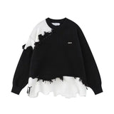 Retro Tassel Irregular Men's Sweater Loose American Lazy Style Knitted Shirt Color Block Design Casual Crew Neck Top