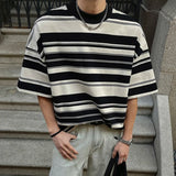 Summer New Male Striped T-shirt Half Turtleneck Loose Short Sleeve Contrast Color O-neck Pullover Male Tees 2025