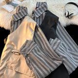 2 Pcs Shirts Men Japanese Style Vintage Striped Tops Casual Unisex Harajuku Cozy Fashion Long Sleeve Classic Рубашки Hombre