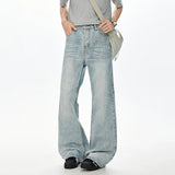 Korean Style Men Denim Pants Solid Color Washed Moustache Effect Wide Leg Trousers Loose Male Straight Jeans Summer