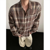 Autumn Long Sleeved Shirt Men Fashion Retro Plaid Shirt Men Japanese Streetwear Loose Brown Casual Shirts Mens Large Size 4XL