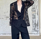 Men Blazer Lace Patchwork Transparent Lapel Long Sleeve Casual Male Suits Streetwear Fashion Party Thin Coats S-5XL