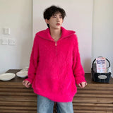 Korean Style Men's Knitting Tops Turn-down Collar Zipper Design Solid Color Casual Sweaters Loose Male Pullovers New