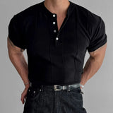 Spring Summer Casual Mens Knitted Tees Vintage Pleated Solid Color Knit T Shirt For Men Stylish Button O Neck Knitted Tops