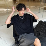 White O-neck Pleated Stripe T-shirt for Men Vintage Large Size Breathable Soft Short Sleeved T-shirt Summer Loose Casual Tops