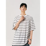 Summer Short Sleeved T-shirt Men Fashion Casual Striped T Shirt Men Streetwear Korean Loose White Tshirt Mens Top Plus Size 4XL