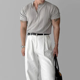 New Fashion Men Henry Collar T-Shirt Leisure Luxury Knit Short Sleeve Tops Korean Style Summer Stretchy Breathable Fitness Tees