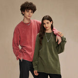 Spring New Trendy Batik Wash Long Sleeve T-shirt Men's Wear Round Collar Pullover Couple Top Vintage Tees Solid Color