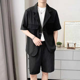 Summer Suit Men Fashion Society Mens Black Dress Set Korean Casual Short Sleeved Blazer Shorts Sets Man Stripe Formal Suit