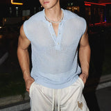 Summer Fashionable Mens Mesh Tank Tops Sexy Transparent Hollow Out Knit Camisoles For Men Casual Sleeveless Buttoned Vests