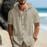 New Casual Solid Color Men's Shirt Summer Street Simple Style Hooded Drawstring Cotton Hemp Cardigan Loose Short Sleeve T-shirt