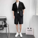 Summer Suit Men Fashion Society Mens Black Dress Set Korean Casual Short Sleeved Blazer Shorts Sets Man Stripe Formal Suit