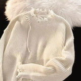 Knitted Sweaters for Men Solid Color Crewneck Man Clothes Pullovers Round Collar Plain with Holes Beige Torn Thick Winter Street