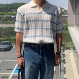 Summer Stylish Short Sleeve Mens Polo Shirt Casual Turn-down Collar Knitting Tops For Men Vintage Slim Fit Striped T Shirts