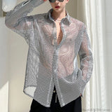 Transparent Mesh Shirt Hollow Out Jacket Personality Breathable Youth Fashion Long Sleeve Tops Men Lapel Party Clubwear