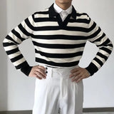 American Chic Striped Men Polo Sweater Luxury Trendy Business V Neck Knit Solid Color Pullover Leisure Slim Long Sleeve Knitwear