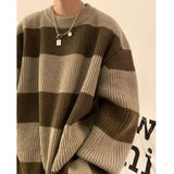 Korean style patchwork striped sweater for men in autumn and winter lazy loose knitted sweater round neck retro trendy sweater