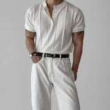 New Fashion Men Henry Collar T-Shirt Leisure Luxury Knit Short Sleeve Tops Korean Style Summer Stretchy Breathable Fitness Tees