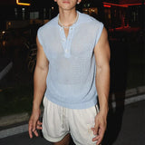 Summer Fashionable Mens Mesh Tank Tops Sexy Transparent Hollow Out Knit Camisoles For Men Casual Sleeveless Buttoned Vests