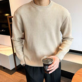 New Korean Retro Men Basic Sweater Luxury Knitted Solid Color O Neck Long Sleeve Pullover Casual Slim Premium Quality Knitwear