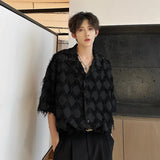 Men Loose Short Sleeve Shirt Small Suit Collar Diamond Frayed Edges Unique Design Casual Trendy Mens Fashion Boho Chic Style